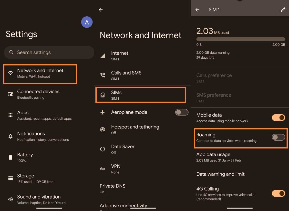 Android Einstellungen zum Aktivieren von Datenroaming für eSIM in den Mobilfunknetzen