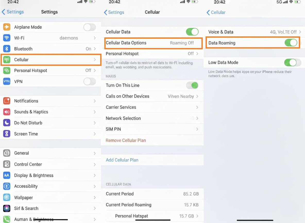 iPhone Einstellungen zum Aktivieren von Datenroaming für eSIM im Menü Cellular Data Options